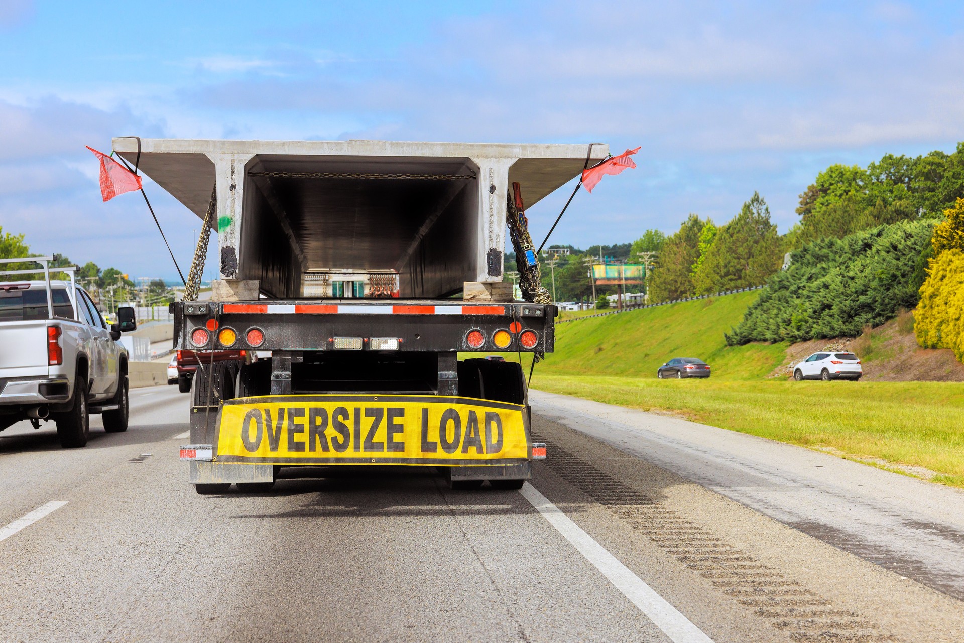 Oversize load truck traveling on highway during daytime in clear weather conditions